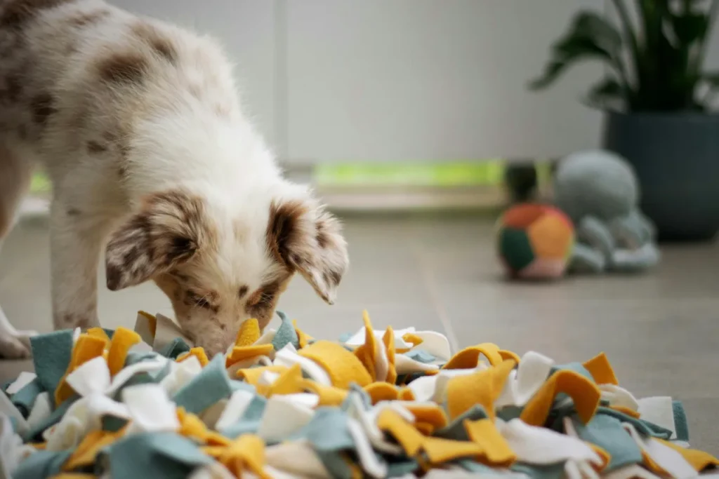 dog sniffing a mat