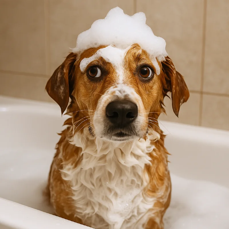 cute dog in bath